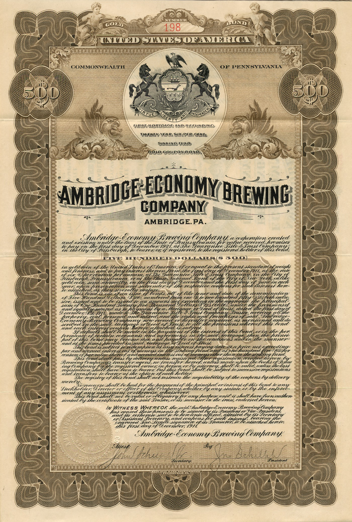 Ambridge-Economy Brewing Co. - $500 - Bond (Uncanceled)